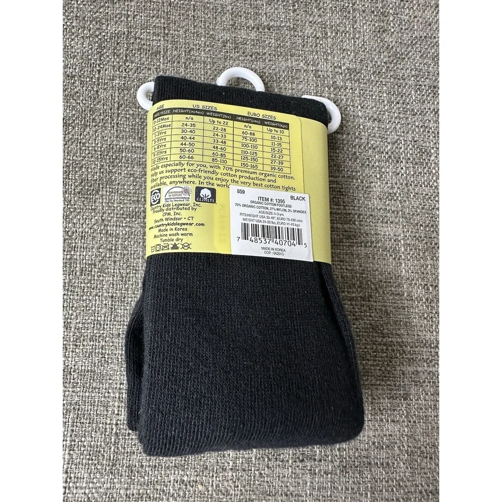 Country Kids Organic Cotton Footless Tights Black Little Girls Size 1-3 Yr